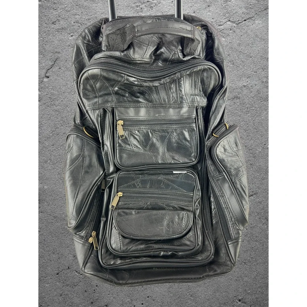 Vintage 90s Genuine Leather Patchwork Rolling Backpack Black Wheeled Travel Bag